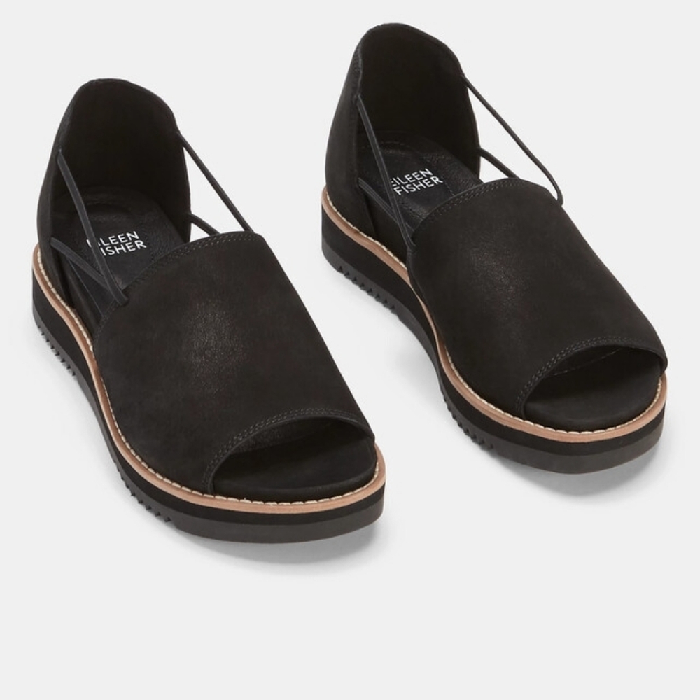 8 Eileen Fisher Black Ken Tumbled Nubuck Sandals